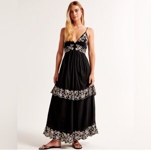 Abercrombie & Fitch Embroidered Tiered Maxi Dress Black and Ivory, Medium TALL